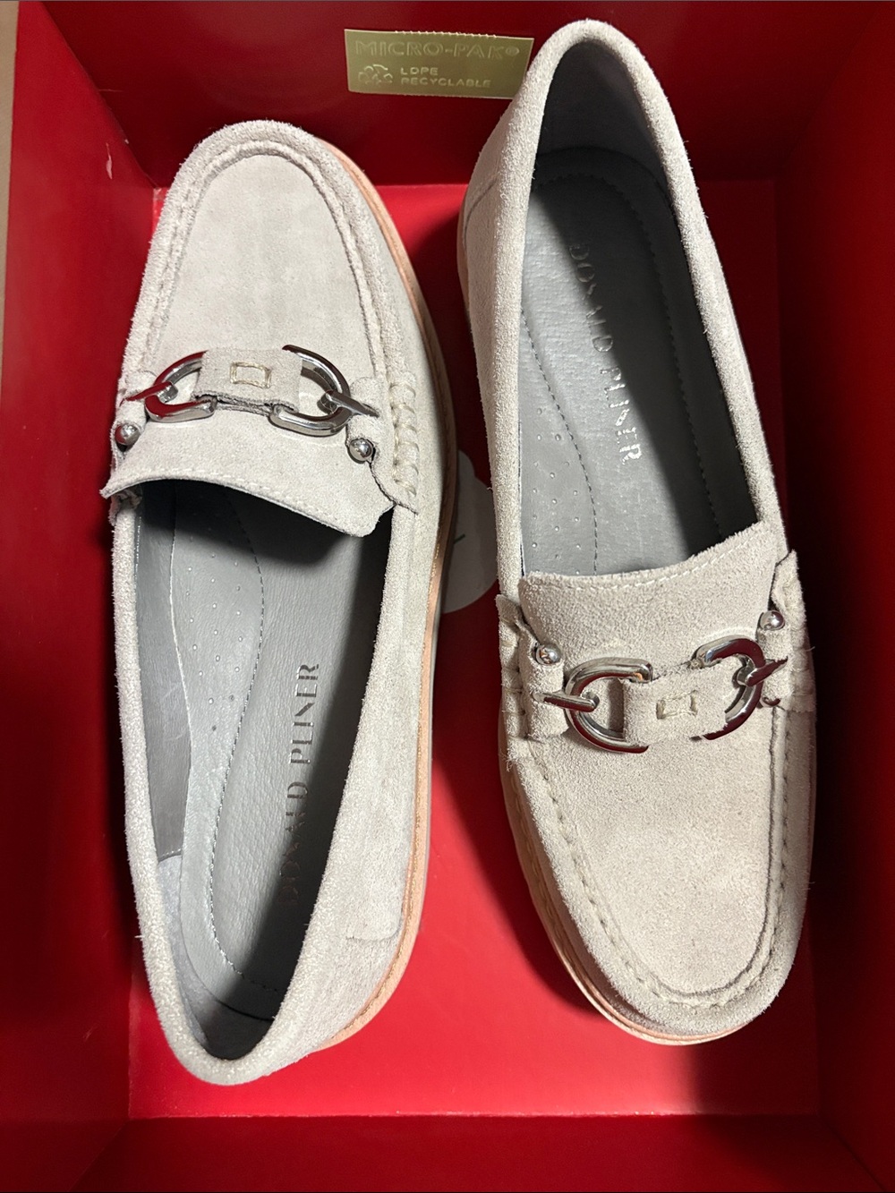 Donald J. Pliner Light Tan Suede Loafers with Silver Chain